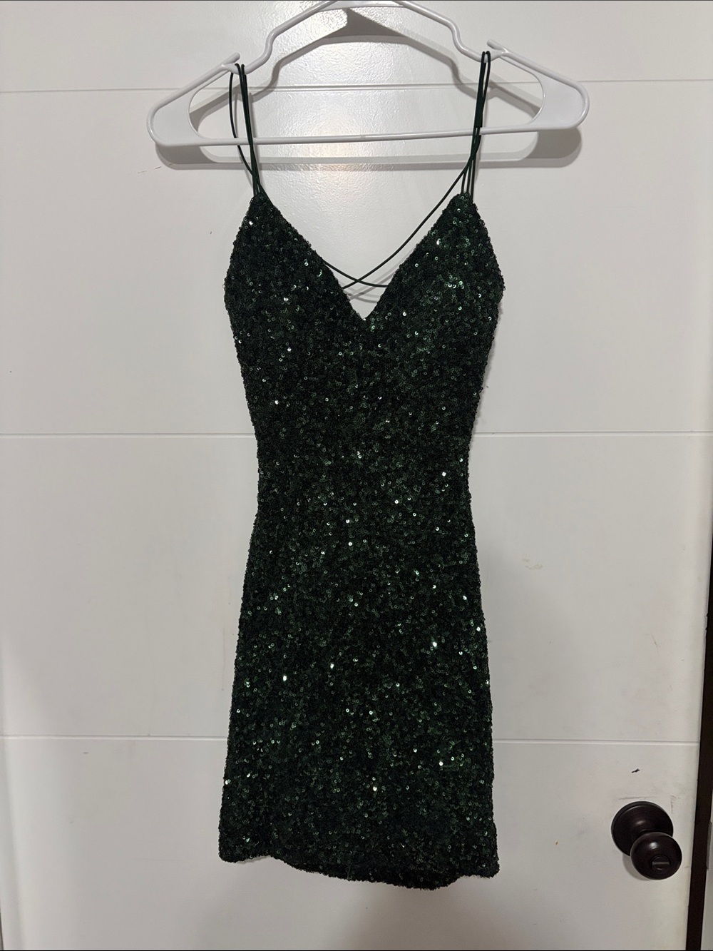 B Darlin Dark Green Sequin Mini Dress with Crisscross Straps
